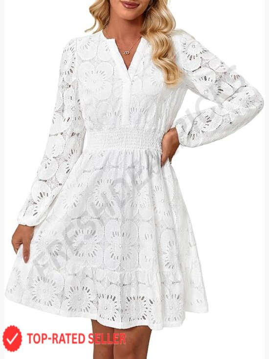 Dresses & Skirts - Puff Sleeve Floral Mini Dress Vintage Elegant Lace Eyelet Embroidered A-Line
